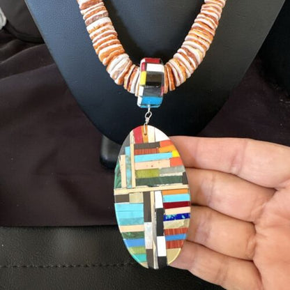 Santo Domingo Multi-Color Spiny Inlay Pendant Necklace | Sterling Silver | 32" | 16855