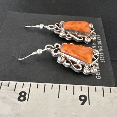 Navajo Orange Spiny Oyster Dangle Earrings | Sterling Silver | Authentic Native American Handmade | 17266