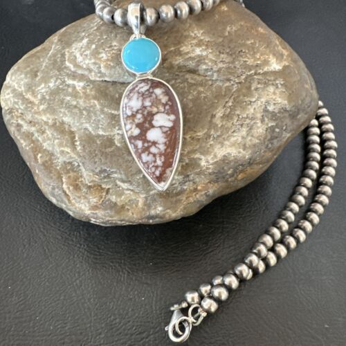 Navajo Wild Horse Blue Kingman Turquoise Necklace | Sterling Silver | SW Pendant | 17319