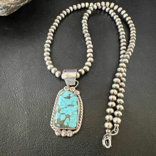 Men's Blue Spiderweb Turquoise Pendant Necklace | Navajo Sterling Silver | Authentic Native American Handmade | 17118