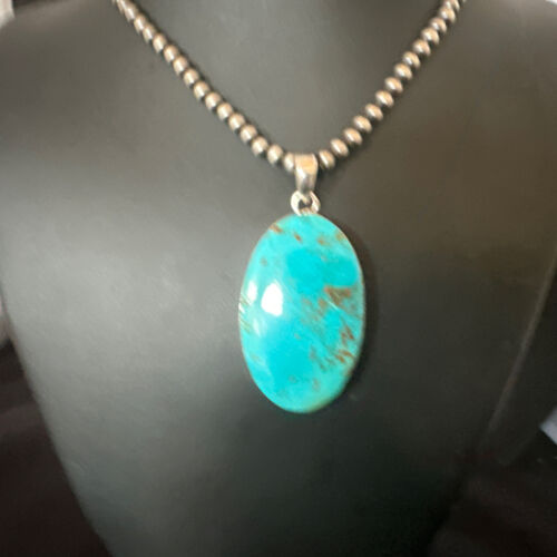 Navajo Blue Kingman Turquoise Pendant Necklace | Sterling Silver | 20" | Authentic Native American Handmade | 16694