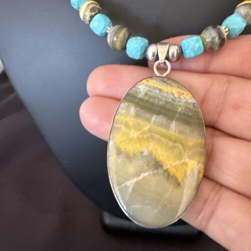 Men's BumbleBee Jasper Pendant Necklace | Navajo Pearls | Sterling Silver | Authentic Native American Handmade | 16878