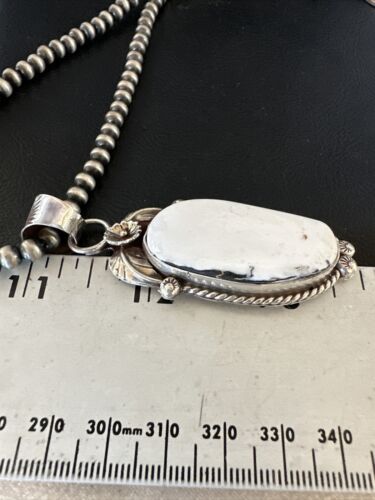 Navajo White Buffalo Turquoise Pendant Necklace | Sterling Silver | Authentic Native American Handmade | 15616
