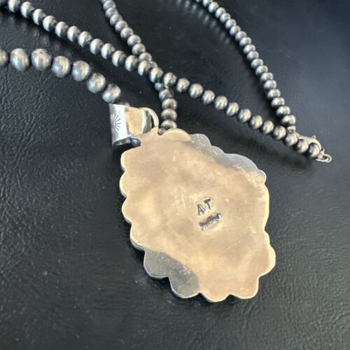Navajo Blue #8 Turquoise Pendant Necklace | Sterling Silver Pearls | Authentic Native American Handmade | 15508