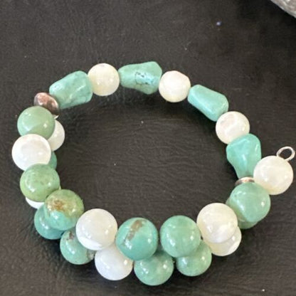 Turquoise Memory Wire Bracelet | Stainless Steel | Mother of Pearl Beads | 7" | 17629