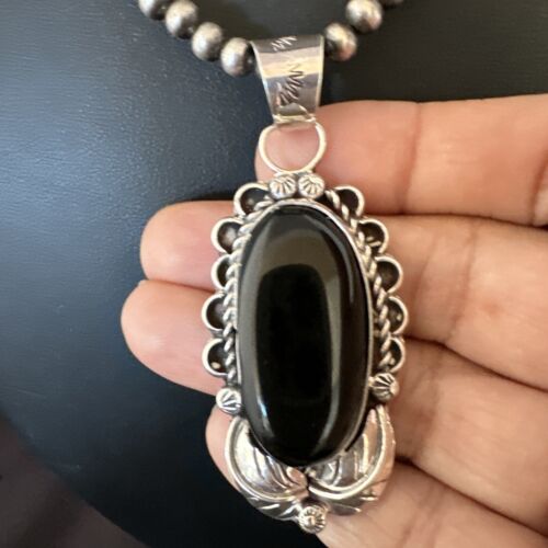Men's Navajo Pearls Black Onyx Necklace Pendant | Sterling Silver | Authentic Native American Handmade | 16534 - Masha USA
