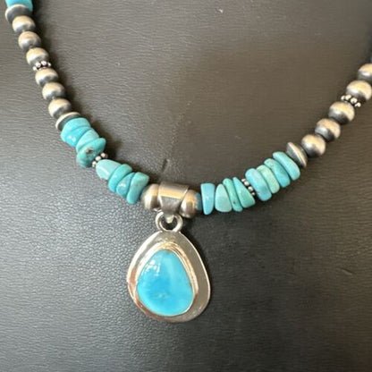 Navajo Men's Blue Kingman Turquoise Pendant Necklace | Sterling Silver | 21" | Authentic Native American Handmade | 17552