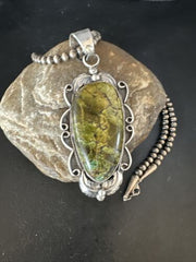 Navajo Green Turquoise Pendant Necklace | Sterling Silver Beads | Authentic Native American Handmade | 14852