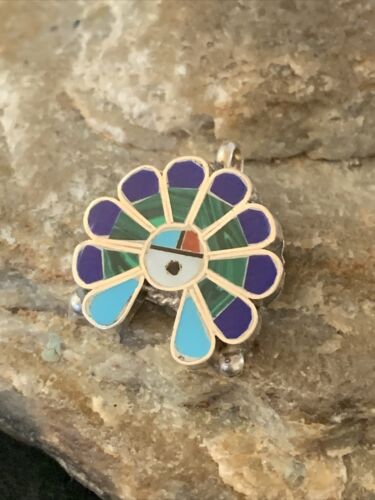 Zuni Sunface Turquoise Lapis Malachite Inlay Pendant | Sterling Silver | 1" | Authentic Native American Handmade | 1183