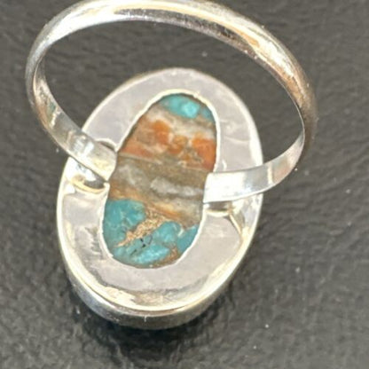 Navajo Blue Turquoise Orange Spiny Oyster Ring | Sterling Silver | Sz 8 | Authentic Native American Handmade | 16621