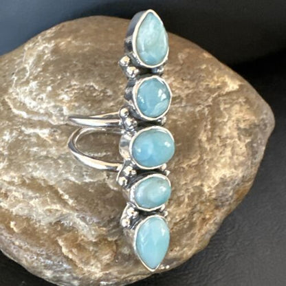 Navajo Blue Larimar Cluster Ring | Authentic Native American Sterling Silver | Multi-Stone | Sz 8.5 | 15936