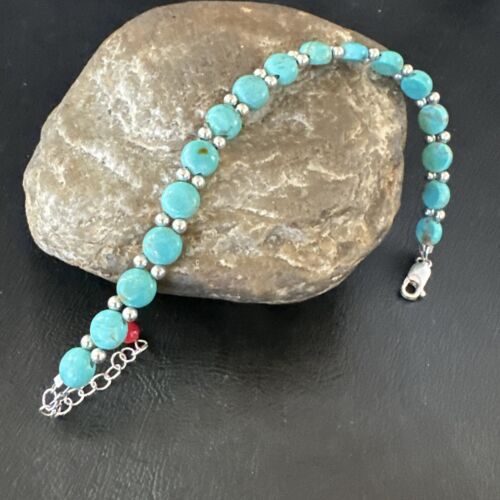 Women's Blue Turquoise Bead Bracelet | Southwestern Sterling Silver Link | 8" | 17498