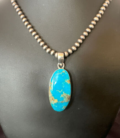 Navajo Blue Kingman Turquoise Pendant Necklace | Sterling Silver Pearls | 20" | 16685