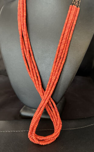 Navajo Red Spiny Oyster Shell Necklace | 5 Strand | Sterling Silver | 26" | Authentic Native American Handmade | 15530