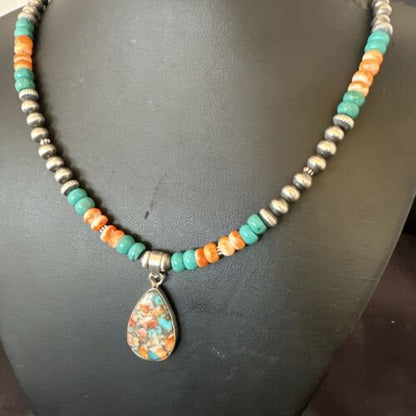 Navajo Spiny Turquoise Pendant Necklace | Sterling Silver | 22" | Authentic Native American Handmade | 17414