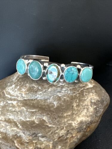 Women's Blue Turquoise 5-Stone Cuff Bracelet | Navajo Sterling Silver | Authentic Native American Jewelry | 16280