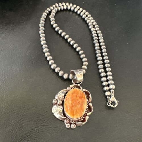 Navajo Orange Spiny Oyster Pendant Necklace | Sterling Silver Pearls | Authentic Native American Handmade | 16558