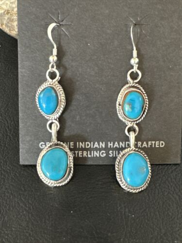 Kingman Turquoise Dangle Earrings | Navajo Handmade | Sterling Silver | Authentic Native American | 14864