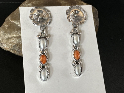 Navajo Orange Spiny Oyster Dangle Earrings | Sterling Silver Pearls | Authentic Native American Handmade | 15328