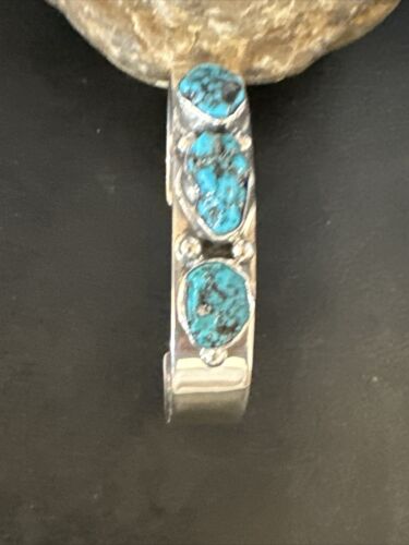 Blue Kingman Turquoise 3 Stone Cuff Bracelet | Navajo Sterling Silver | Authentic Native American Handmade | 15045