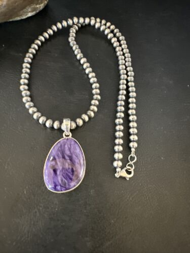 Navajo Pearls Purple Charoite Pendant Necklace | Sterling Silver Beads | Authentic Native American Handmade | 15517