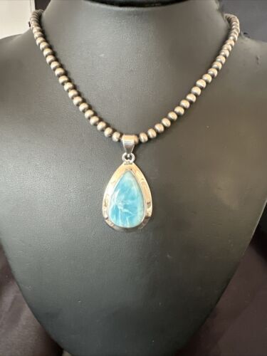 Navajo Blue Larimar Pendant Necklace | Sterling Silver Beads | Authentic Native American Handmade | 17604