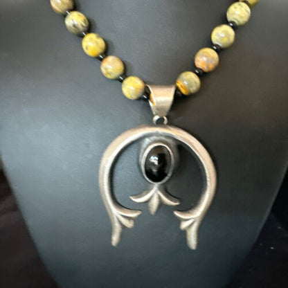 Men's Black Onyx Naja Pendant | Navajo Bumblebee Sterling Silver Necklace | Authentic Native American Handmade | 16092 - Masha USA
