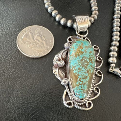Navajo Blue Turquoise #8 Pendant | Sterling Silver Pearls Necklace | Authentic Native American Handmade | 15899