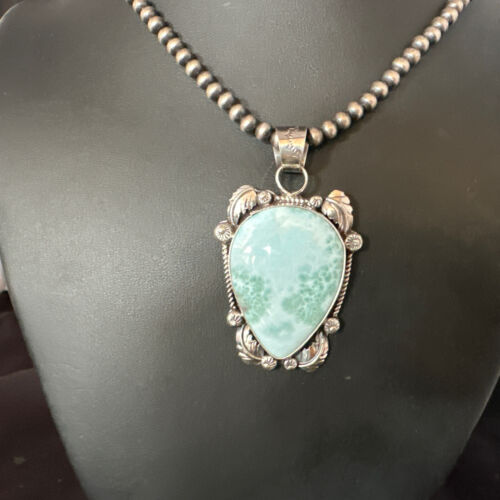 Navajo Blue Larimar Pendant Necklace | Sterling Silver Beads | Authentic Native American Handmade | 15222