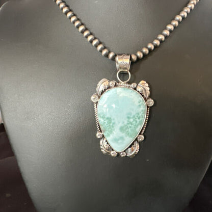 Navajo Blue Larimar Pendant Necklace | Sterling Silver Beads | Authentic Native American Handmade | 15222