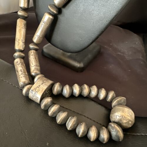 Navajo Stamped Bench Bead Necklace | Sterling Silver | 30" | Authentic Native American Handmade | 16727