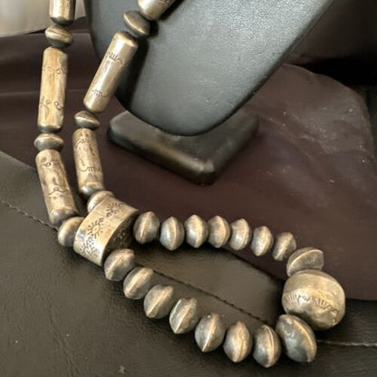 Navajo Stamped Bench Bead Necklace | Sterling Silver | 30" | Authentic Native American Handmade | 16727