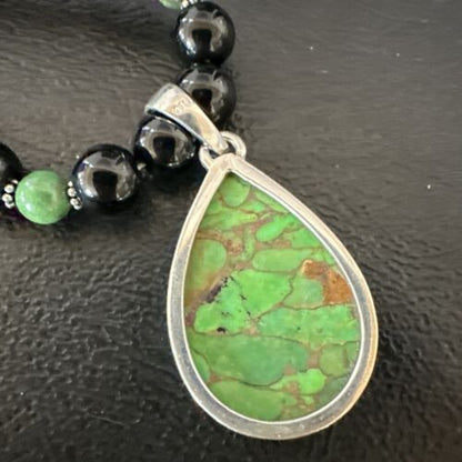 Green Mojave Turquoise & Onyx Pendant | Navajo Pearl Sterling Silver Necklace 21" | 17499