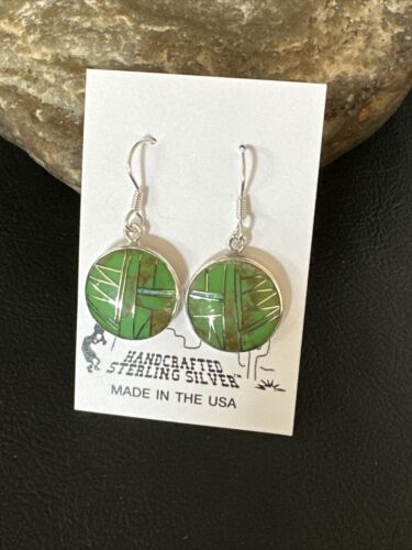 Southwestern Sterling Silver Green Gaspeite Inlay Earrings | 1" | Navajo | 14935
