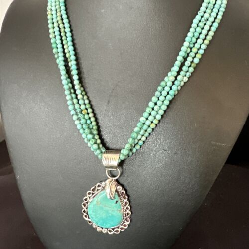 Blue Turquoise Pendant | Navajo Pearls | Sterling Silver Bead Necklace 17" | Multi-Strand | 15993