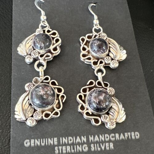 Navajo Purple Sugilite Dangle Earrings | Sterling Silver | 2" | Authentic Native American Handmade | 15692