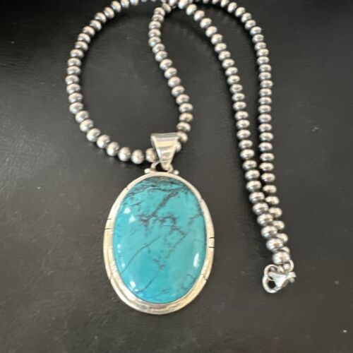Men's Navajo Blue Spiderweb Turquoise Pendant Necklace | Sterling Silver | Authentic Native American Handmade | 16197