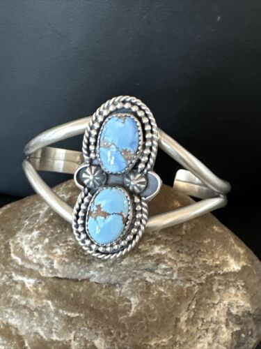 Navajo Blue Golden Hills Turquoise Cuff Bracelet | Sterling Silver | Authentic Native American Handmade | 16429