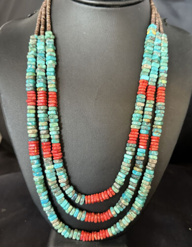 Women's Turquoise Spiny Oyster 3-Strand Necklace | Navajo Pearl Sterling Silver | 15157