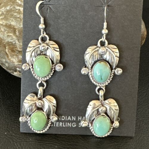 Navajo Blue Green Turquoise Dangle Earrings | Sterling Silver | 1.5" | Authentic Native American Handmade | 17386