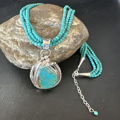 Navajo Blue Turquoise Pendant | Sterling Silver 3-Strand Bead Necklace | 17" | Authentic Native American Handmade | 15997