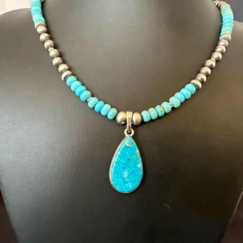 Navajo Pearls Kingman Turquoise Necklace | Sterling Silver Pendant | Authentic Native American Handmade | 17125