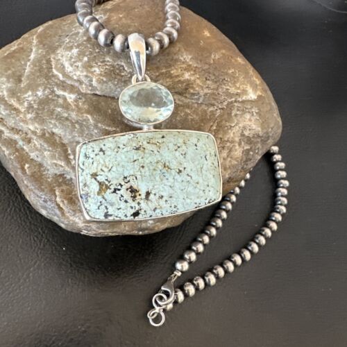 Navajo Dry Creek Turquoise Topaz Pendant Necklace | Sterling Silver | Authentic Native American Handmade | 16311