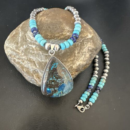 Blue Turquoise Jasper Pendant | Lapis Navajo Pearls | Sterling Silver Necklace 16927 - Masha USA