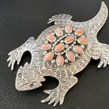 Handmade Stamped Navajo Pink Coral Horny Toad Pin | Authentic Native American Jewelry | 15669