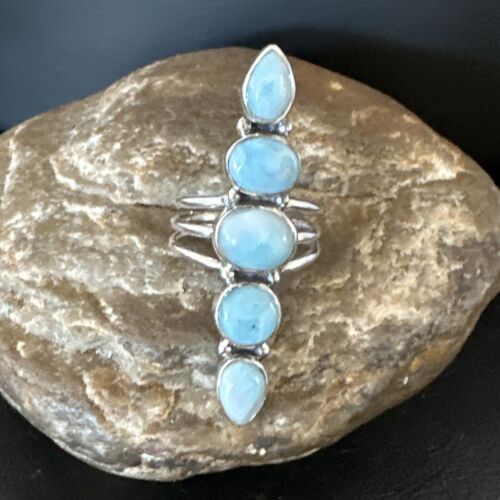 Navajo Blue Larimar Cluster Ring | Authentic Native American Sterling Silver | Multi-Stone | Sz 8.5 | 15934