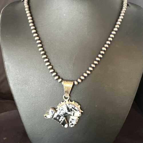 Navajo White Buffalo Turquoise Bear Inlay Pendant Necklace | Sterling Silver | Native American Handmade | 15247