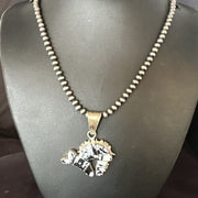 Navajo White Buffalo Turquoise Bear Inlay Pendant Necklace | Sterling Silver | Native American Handmade | 15247