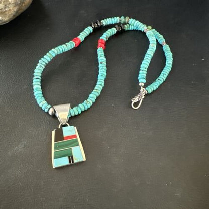 Navajo Turquoise Lapis Inlay Pendant Necklace | Sterling Silver | 20" | Authentic Native American Handmade | 17508