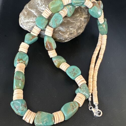 Santo Domingo Green Nugget Turquoise Necklace | Sterling Silver | 30" | Authentic Native American Handmade | 15291